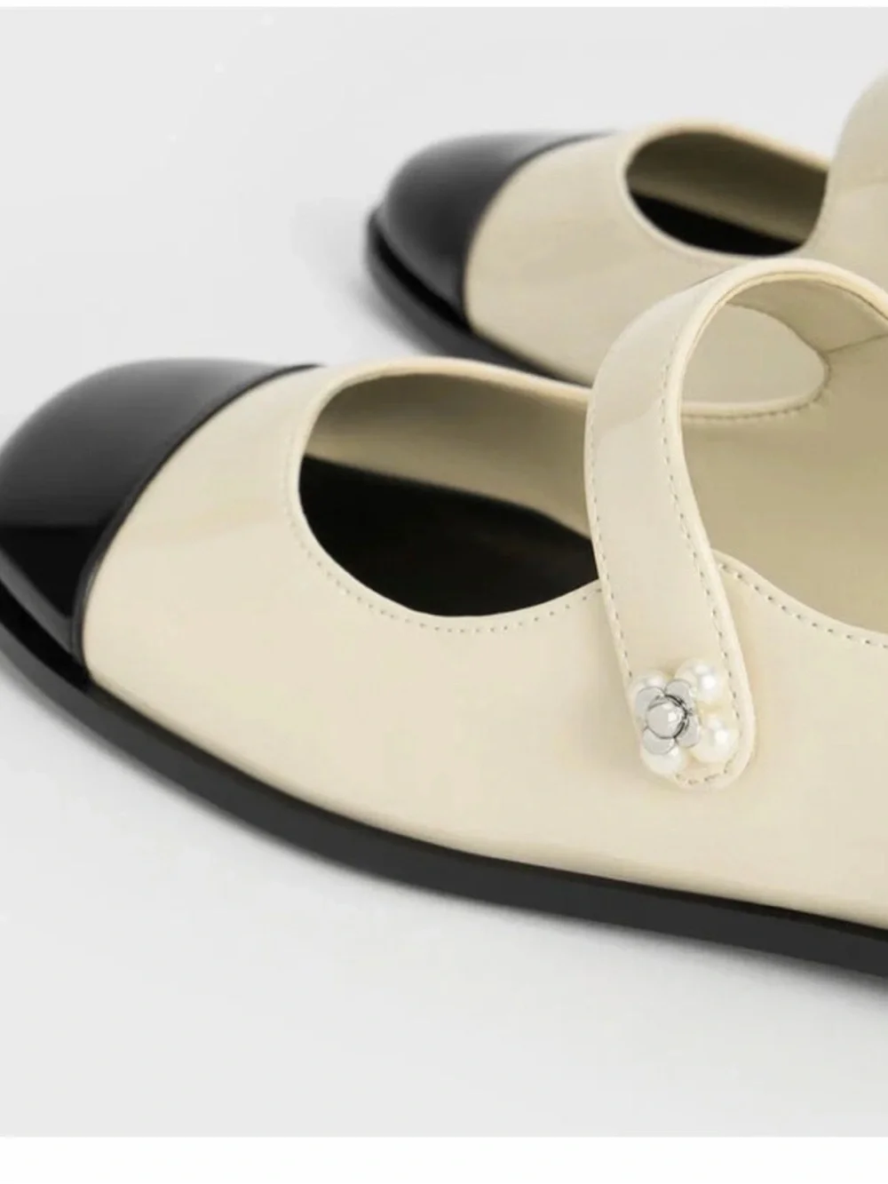 Charles & Keith Patent Pearl-Embellished Flower-Buckle Two-Tone Mary Janes (NWT)